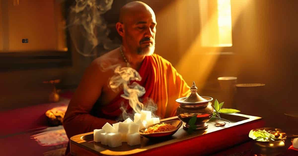 Close-up of burning camphor crystals during meditation, believed to cleanse negative energy. Blurred temple background with soft focus on blue-tipped flames."