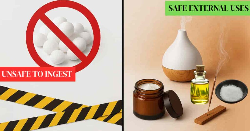 Warning: Camphor must not be eaten – visual guide to external benefits like pain relief and spiritual cleansing