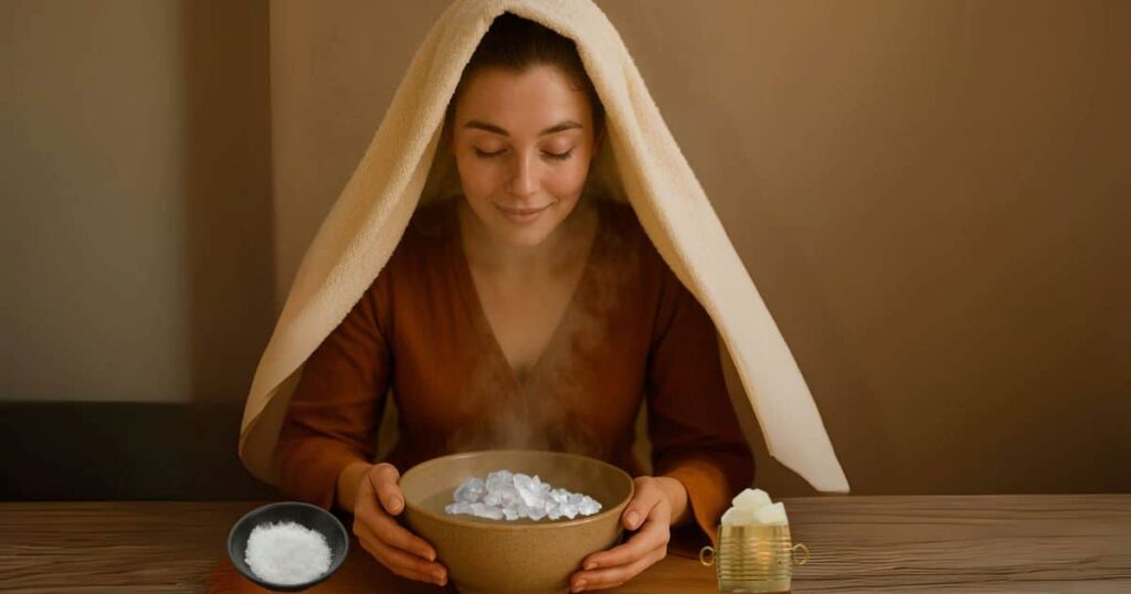 Elderly woman using camphor-infused steam to ease winter congestion, cozy home setting, why camphor is a winter essential: fights coughs, warms muscles, and clears sinuses safely" (Educational)