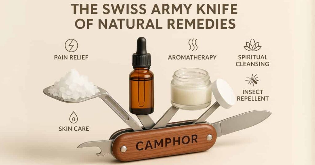 Camphor: A versatile natural remedy for health, skin, and spiritual wellness, multi-purpose uses of camphor for pain relief, skin care, and aromatherapy