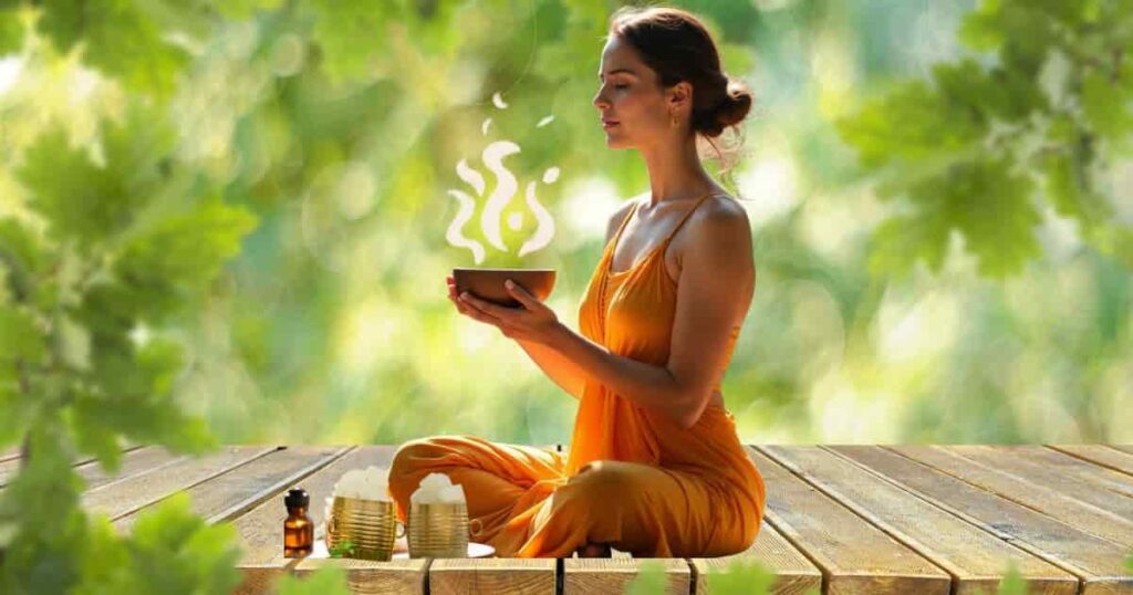 Woman meditating with camphor incense, using its calming properties for mindfulness and anxiety relief (Lifestyle image)