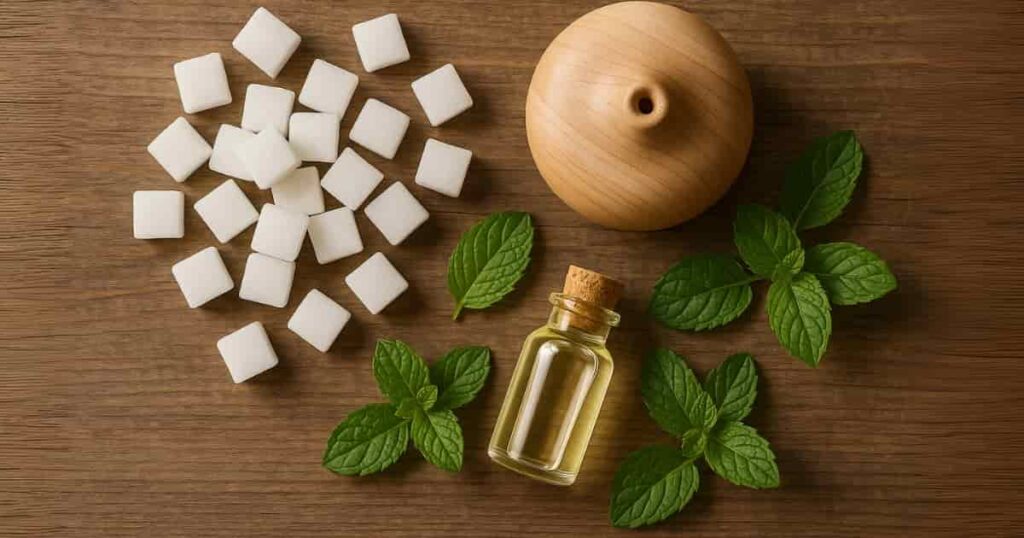 Natural camphor cubes and essential oil bottle on a wooden surface for wellness remedies