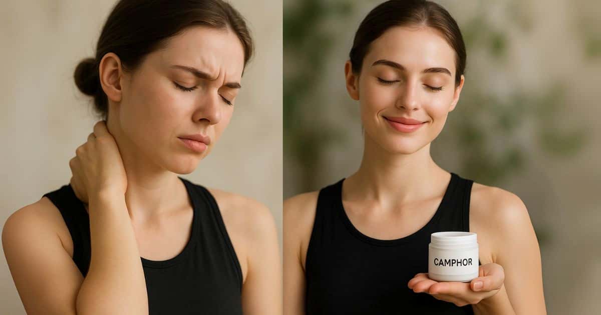 Side-by-side: frowning woman holding sore shoulder vs. smiling after applying camphor balm. Natural muscle pain solution.