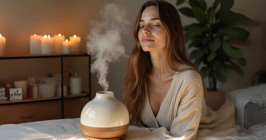 woman sitting in front of a ceramic camphor essential oil diffuser. Soft steam mist visible with eucalyptus leaves nearby, creating a peaceful home spa atmosphere for respiratory health and mental clarity.