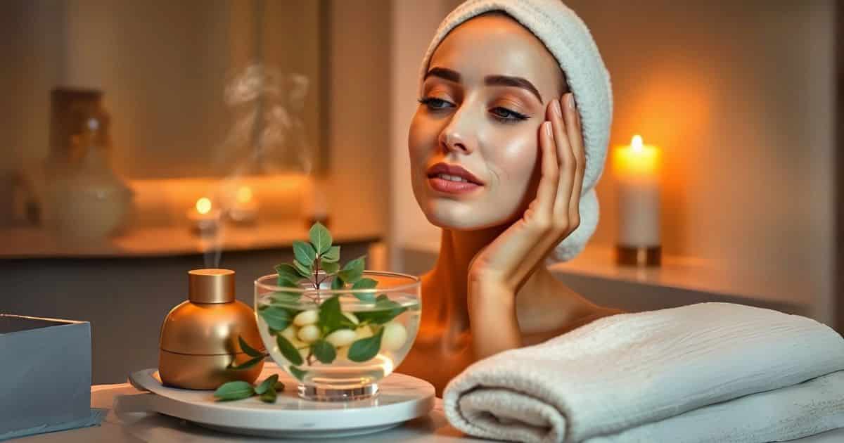 Woman applying thin layer of camphor-honey mask before bed. Morning glow skincare routine
