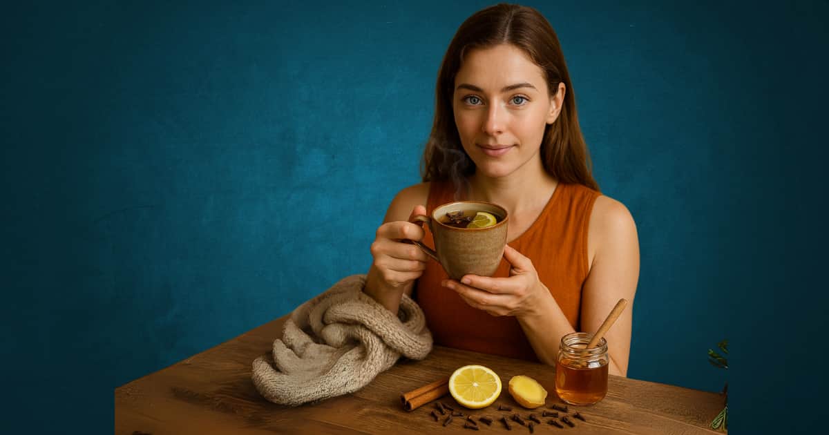 Woman drinking clove tea for natural cold relief - a powerful remedy to kick cough and congestion