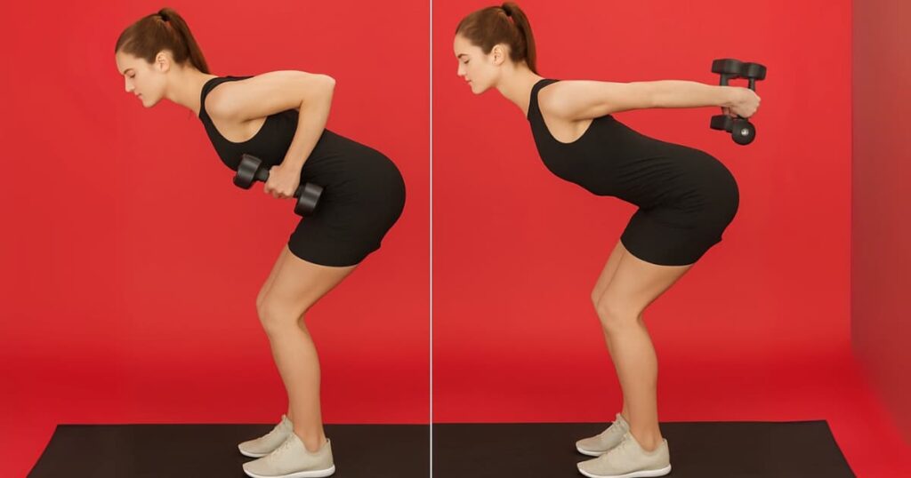 Person performing tricep kickbacks with dumbbells at home to target the lateral head of the triceps