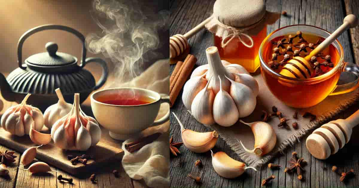 Garlic and clove natural remedy for immunity boosting and overall health - shown as fresh cloves and garlic cloves with herbal preparation