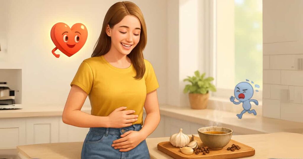 Semi-realistic digital illustration of garlic bulbs and cloves beside a healthy intestine illustration, with herbal steam rising and a soft glow around the digestive system to symbolize natural digestive relief and remedy.