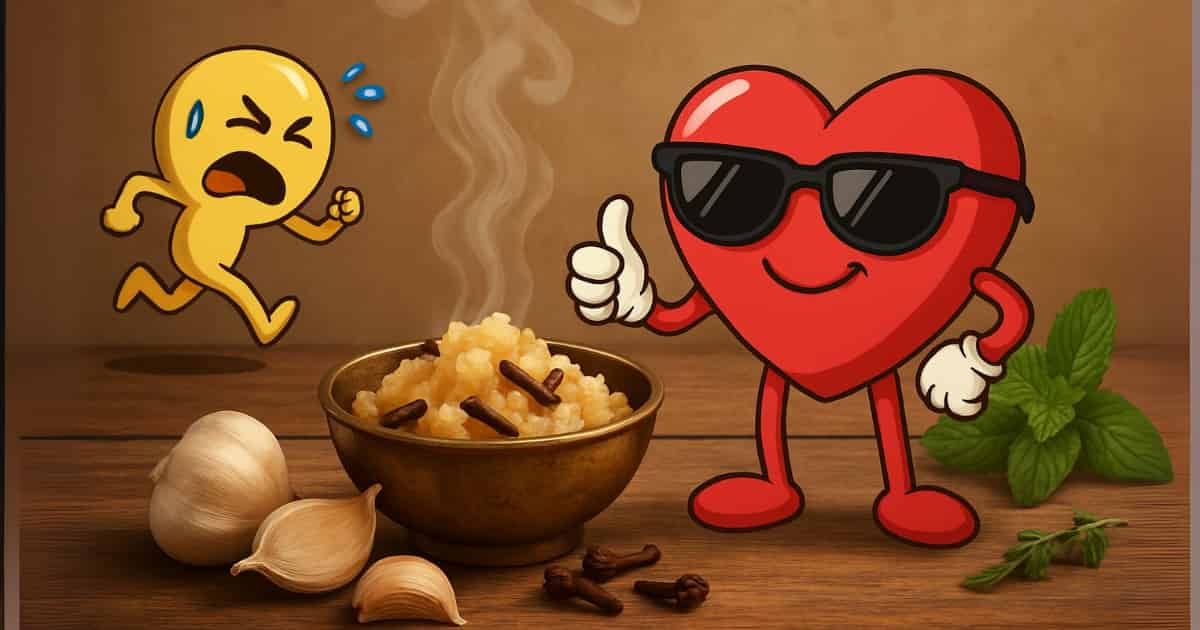 Cartoon-style digital illustration showing garlic and cloves in a brass bowl, steam rising, with a smiling heart character giving a thumbs-up and a bad breath emoji running away, symbolizing digestion and heart health benefits.