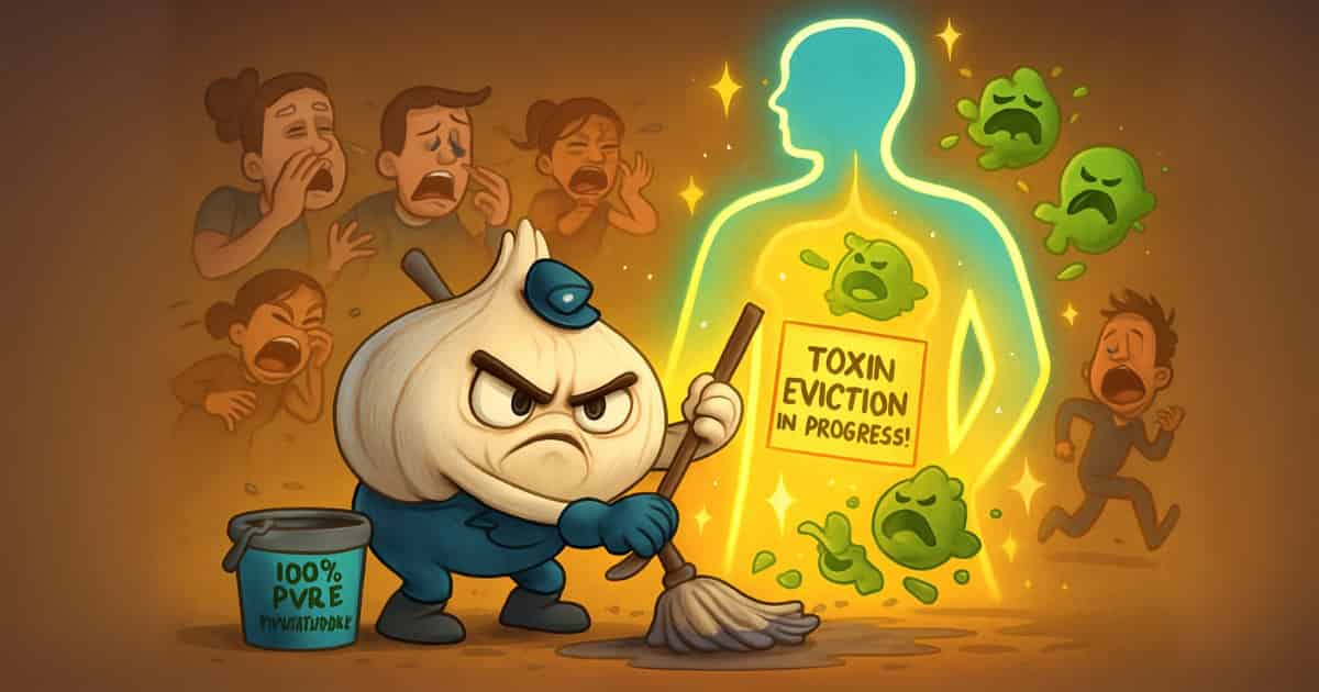 Angry Garlic Janitor Cleaning Toxins from Human Body – Fun Detox Illustration for Gut Health