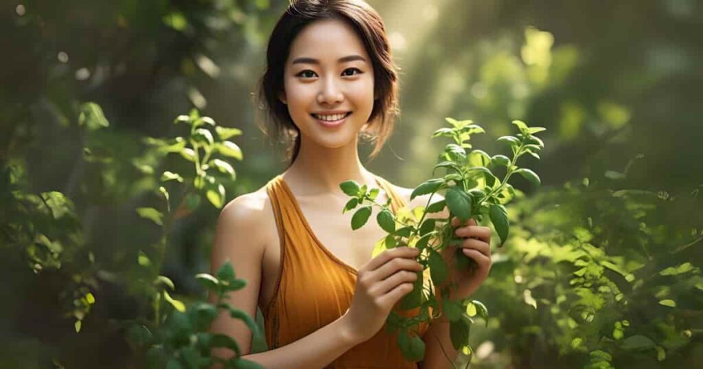 Fresh Tulsi leaves blended with yogurt and honey in a bowl - an ancient Ayurvedic face mask and hair treatment for radiant skin and strong hair