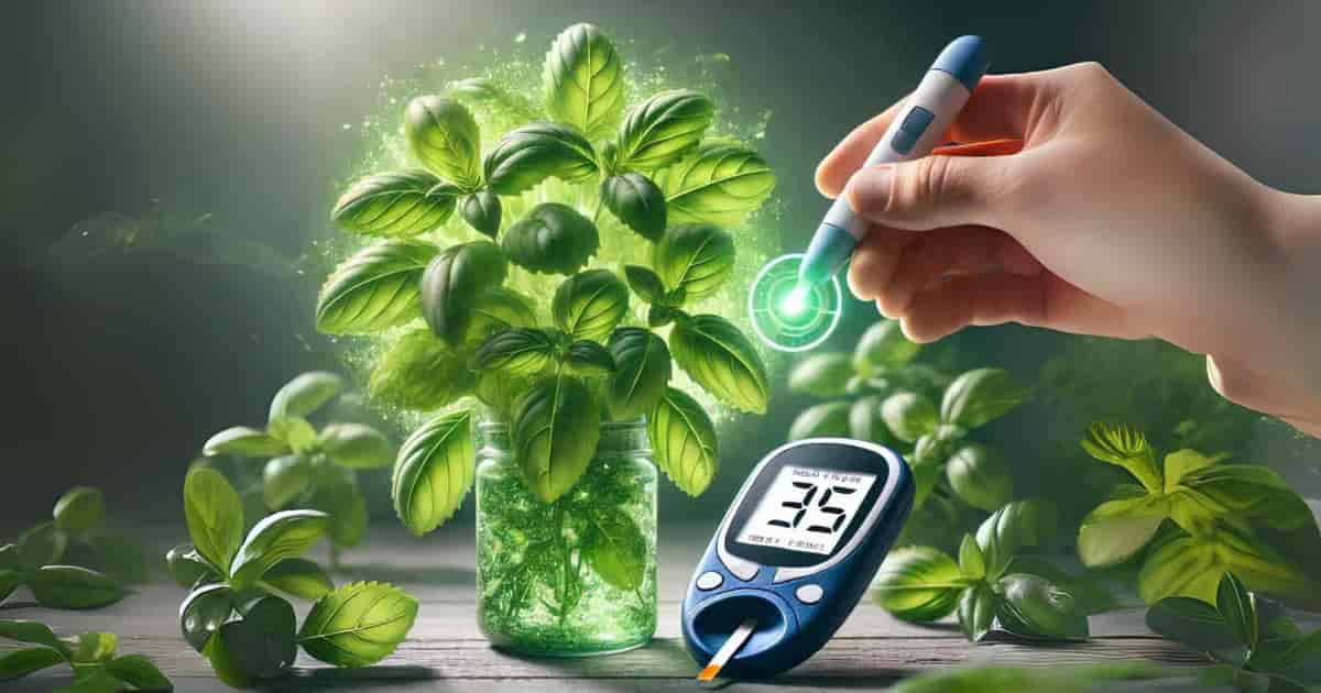 Close-up of Holy Basil leaves with a blood glucose meter, showcasing its traditional Ayurvedic use for healthy blood sugar management.