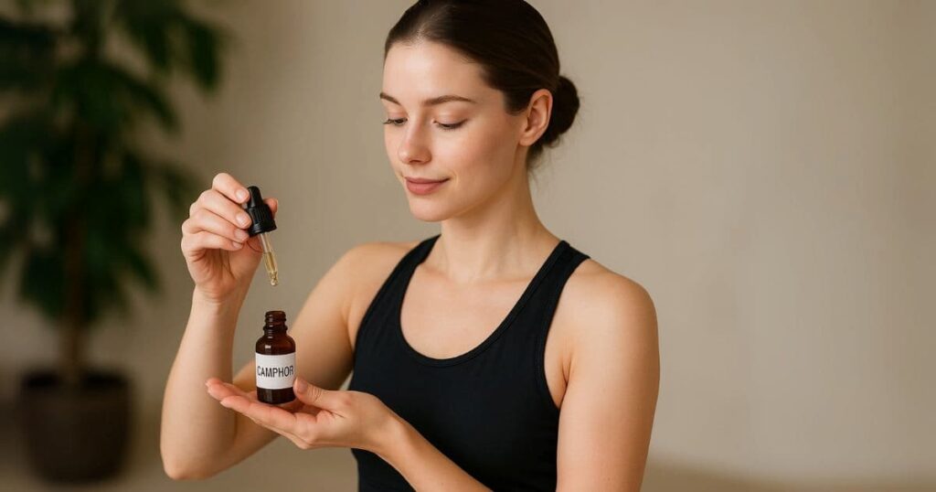 Person diluting camphor oil with carrier oil (like coconut) before applying to wrist. Demonstrates proper skin patch test to avoid irritation