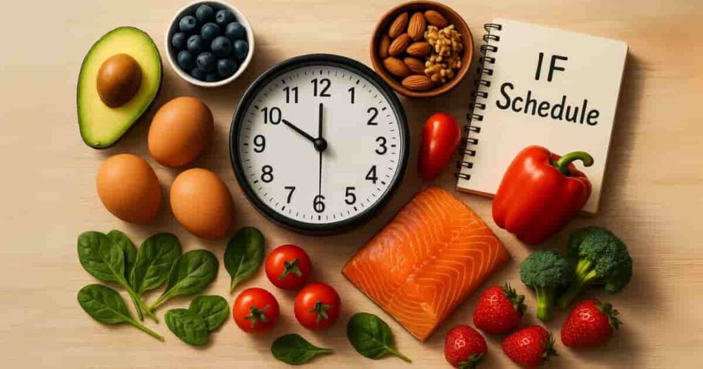 Healthy foods for intermittent fasting with 16/8 schedule clock