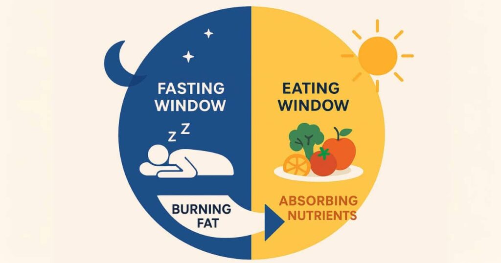 Simple infographic explaining how intermittent fasting works with eating and fasting windows