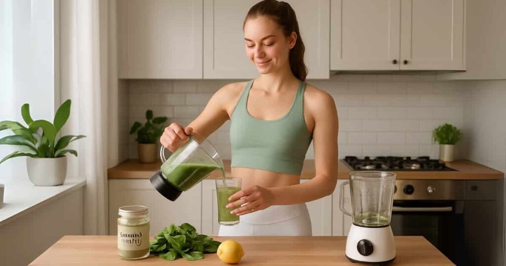 Young woman in yoga clothes preparing a moringa smoothie in a bright wellness-themed kitchen