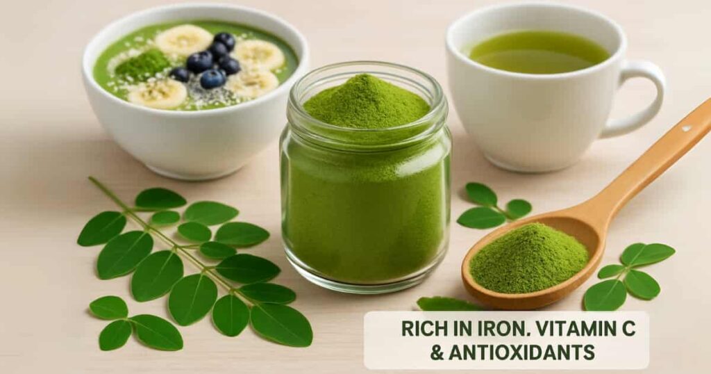 Moringa Powder Benefits: Nutrient-rich green powder in a jar with fresh moringa leaves, a spoon scooping it, and a healthy smoothie bowl backdrop