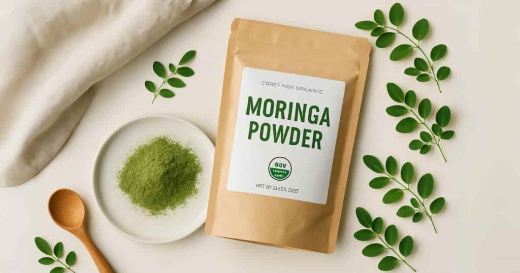A flatlay of organic moringa powder with wooden spoon, white plate, and moringa leaves on a bright surface.