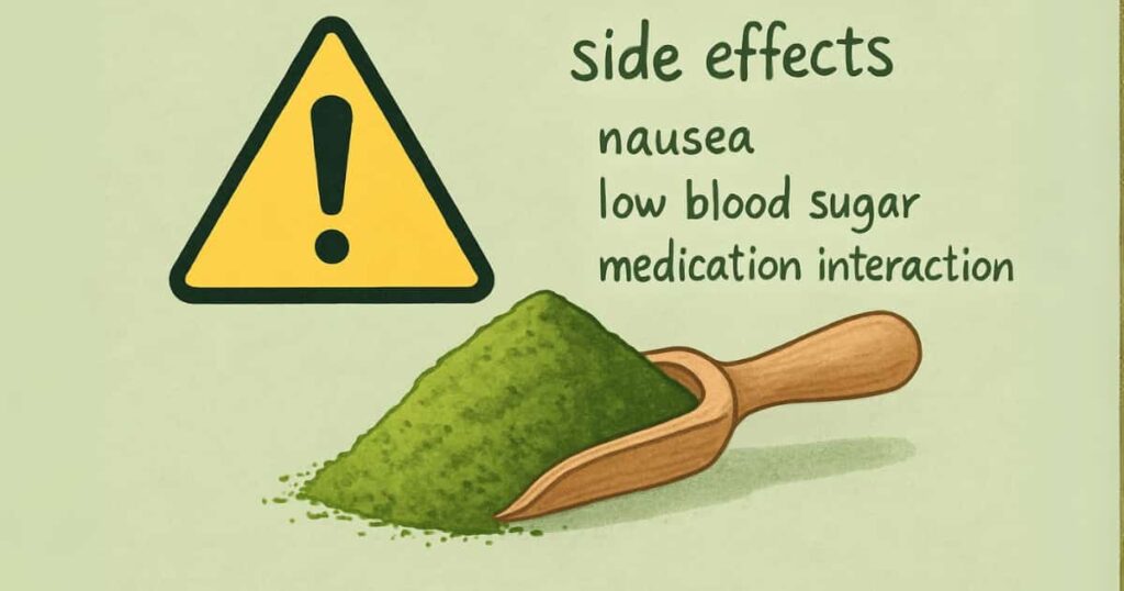 Conceptual warning image showing a scoop of powder with listed side effects like nausea and low blood sugar.