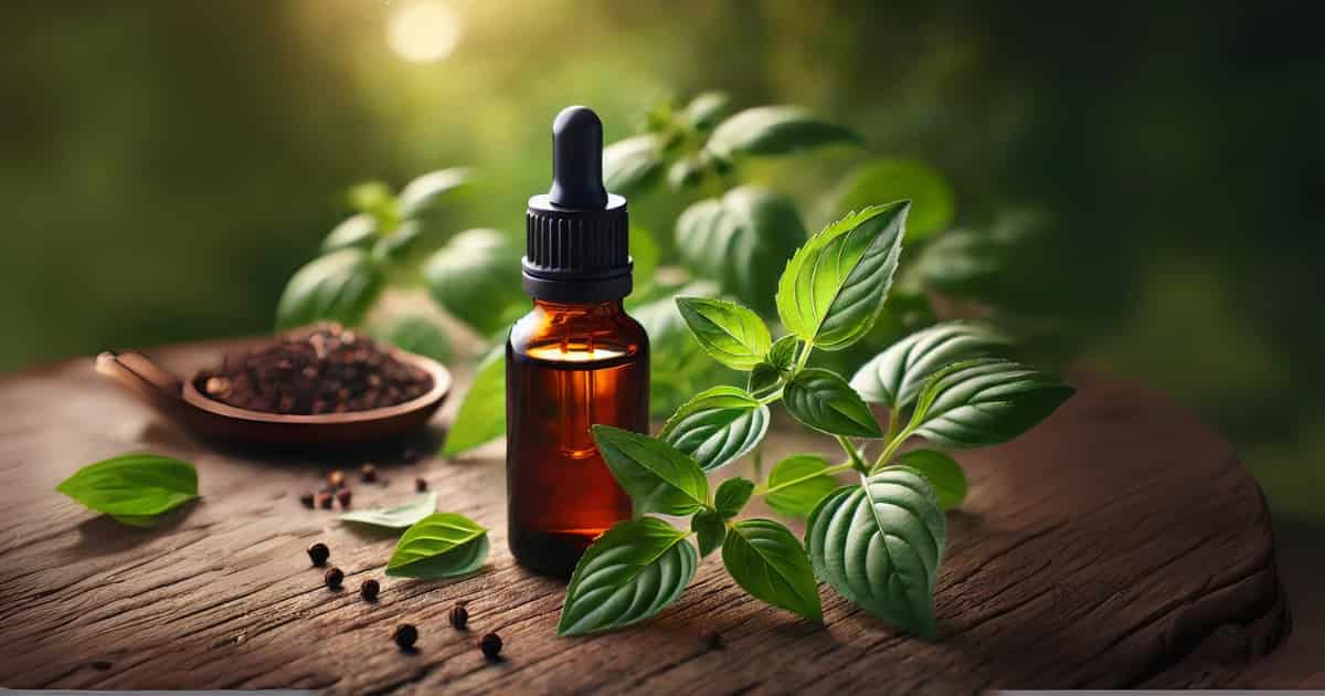 Glass dropper bottle of organic Tulsi extract surrounded by fresh Holy Basil leaves, showcasing a potent natural immunity booster.