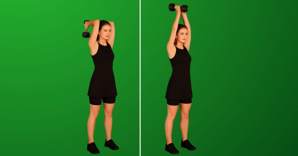 Person performing overhead dumbbell extensions to strengthen the long head of the triceps at home.