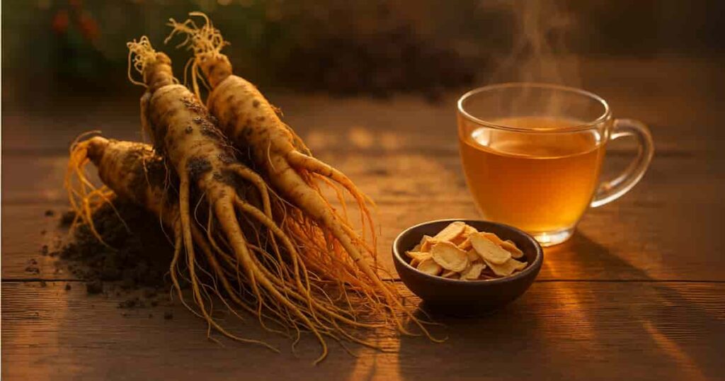 Fresh Panax ginseng root and dried slices—a natural energy equalizer and adaptogen for fatigue relief and vitality.