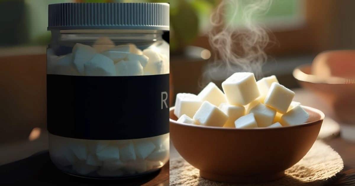 Transparent glass jar filled with natural camphor cubes used for home remedies and spiritual rituals