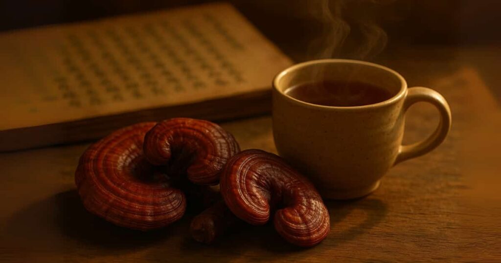 Reishi Mushroom (Ganoderma lucidum) - powerful spirit tonic and immune support, shown as whole mushroom and herbal tea