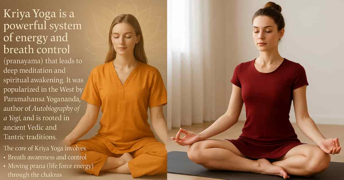 young woman in a dark red dress explores Kriya Yoga at home, sitting in meditation with a calm, introspective expression