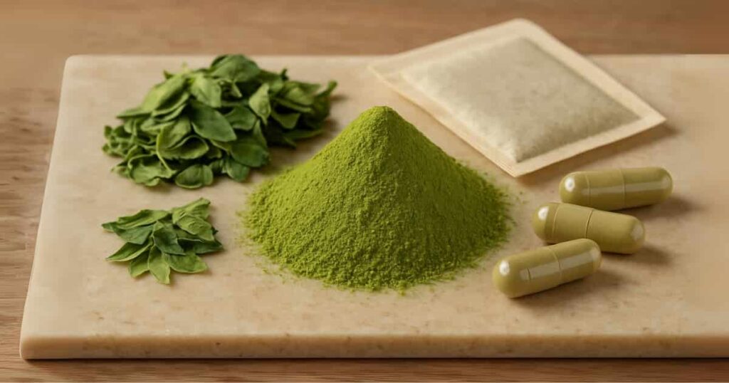 What Is Moringa Powder? A close-up of vibrant green moringa powder next to dried leaves and capsules, showcasing its natural form