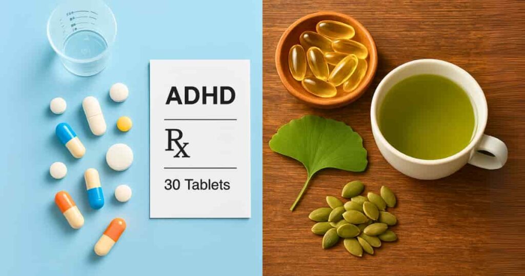 A direct comparison showing ADHD medication pills on a blue background versus natural remedies like seeds and supplements on wood.