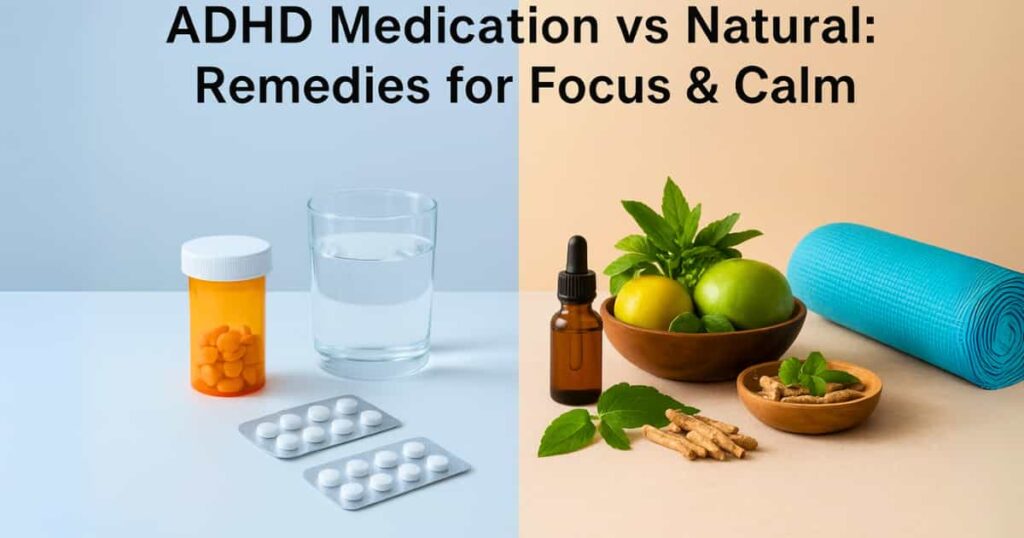 Comparison of ADHD medication vs natural remedies with pills on one side and Ayurvedic herbs, yoga, and healthy food on the other