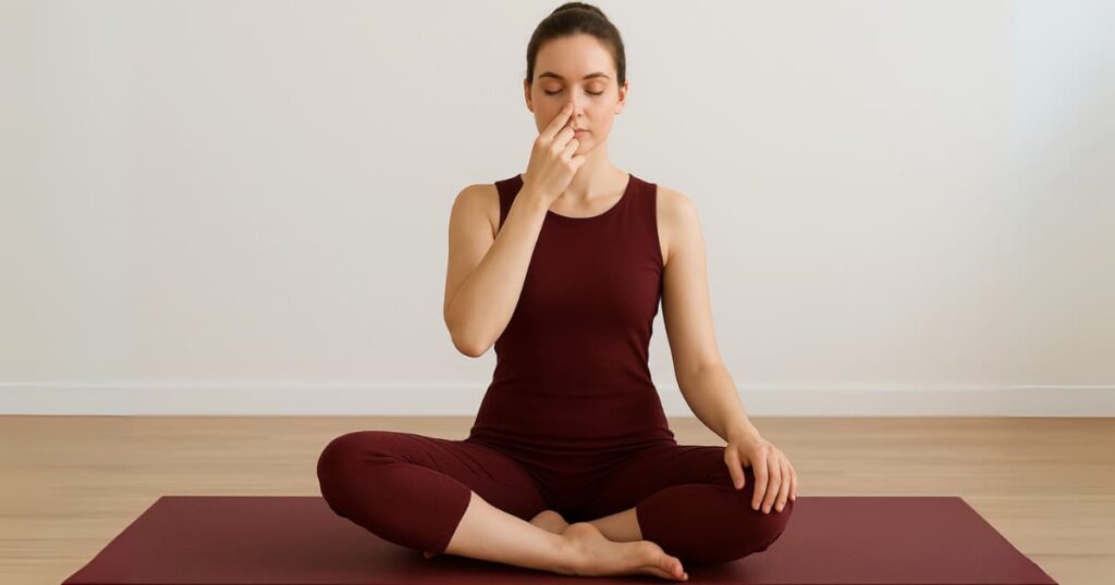 A woman practicing alternate nostril breathing (Nadi Shodhana), a yogic breathing technique to balance the mind and reduce stress.