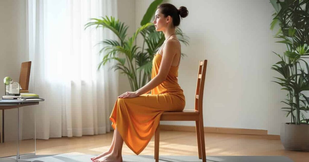 A young woman using a simple office chair for a gentle seated yoga twist, relieving back tension and stress discreetly at her desk