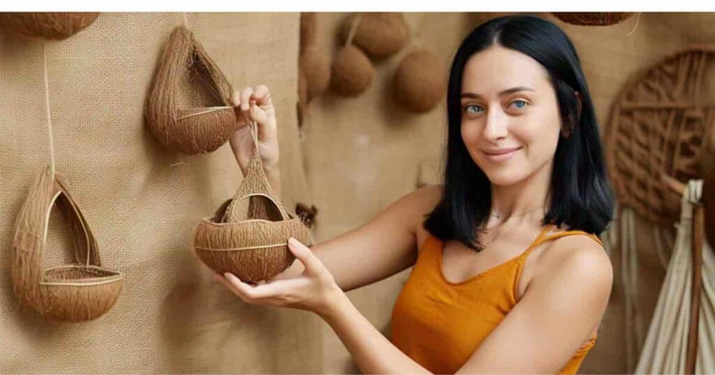 Handmade  crafts including rope baskets, planters, and textured wall art displayed with twine and tools, showcasing sustainable DIY ideas.