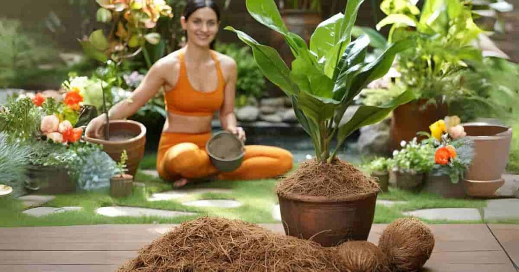 A pile of coconut husk chunks and fibers being used as natural mulch and soil amendment for plants, showcasing sustainable gardening practices