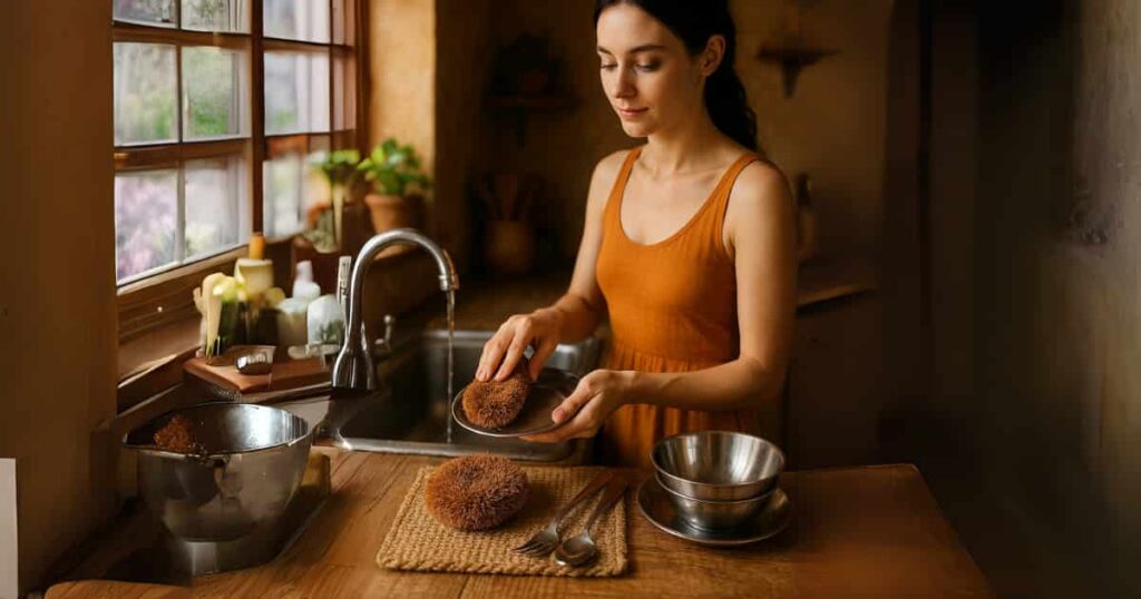 A durable coconut husk scrubber with coarse natural fibers, shown cleaning a stainless steel pot - demonstrating zero-waste kitchen cleaning solutions.