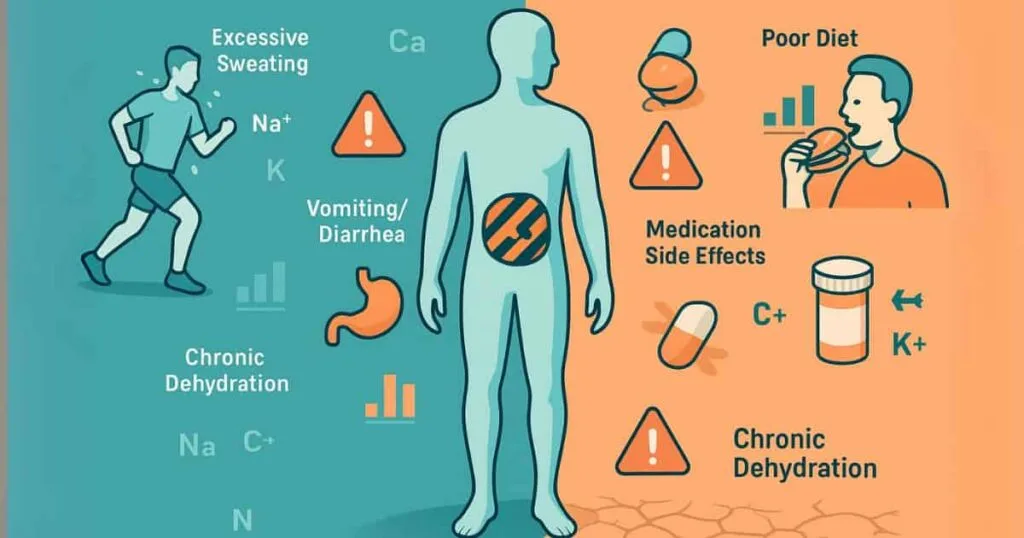 Isometric infographic showing 5 main causes of electrolyte imbalance including sweating, illness, poor diet, medications, and dehydration with electrolyte depletion visuals
