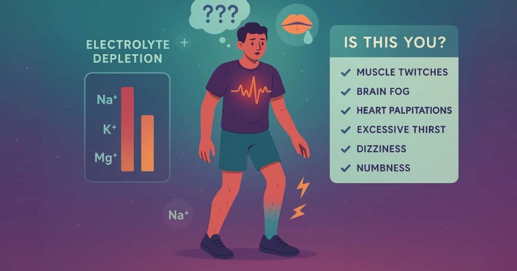 Animated-style illustration of electrolyte imbalance symptoms including muscle twitches, brain fog, heart palpitations, and dizziness with electrolyte depletion indicators.