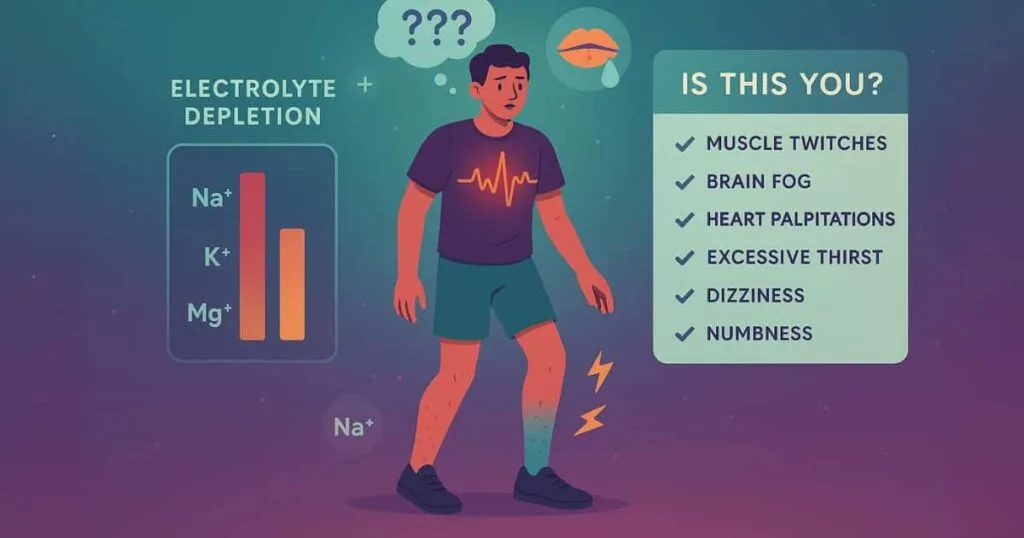 Animated-style illustration of electrolyte imbalance symptoms including muscle twitches, brain fog, heart palpitations, and dizziness with electrolyte depletion indicators.
