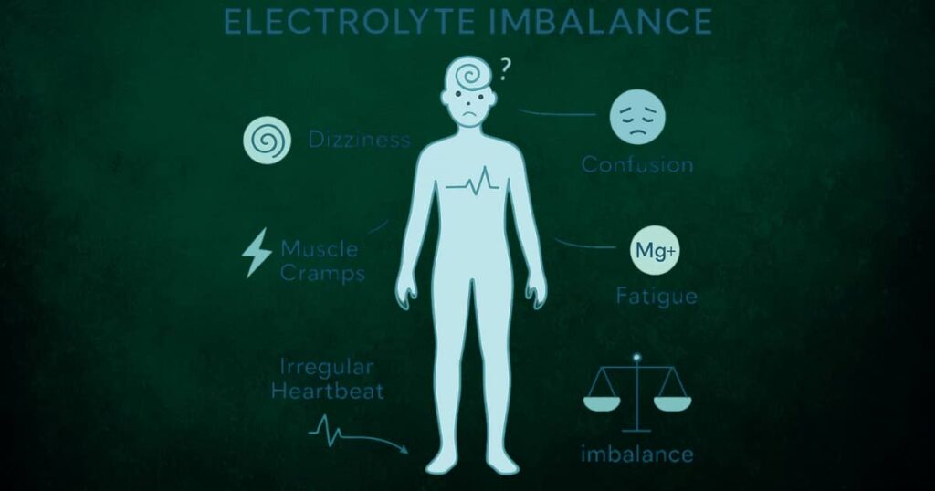 Infographic showing common like cramps, dizziness, and fatigue, with icons for sodium, potassium, and magnesium