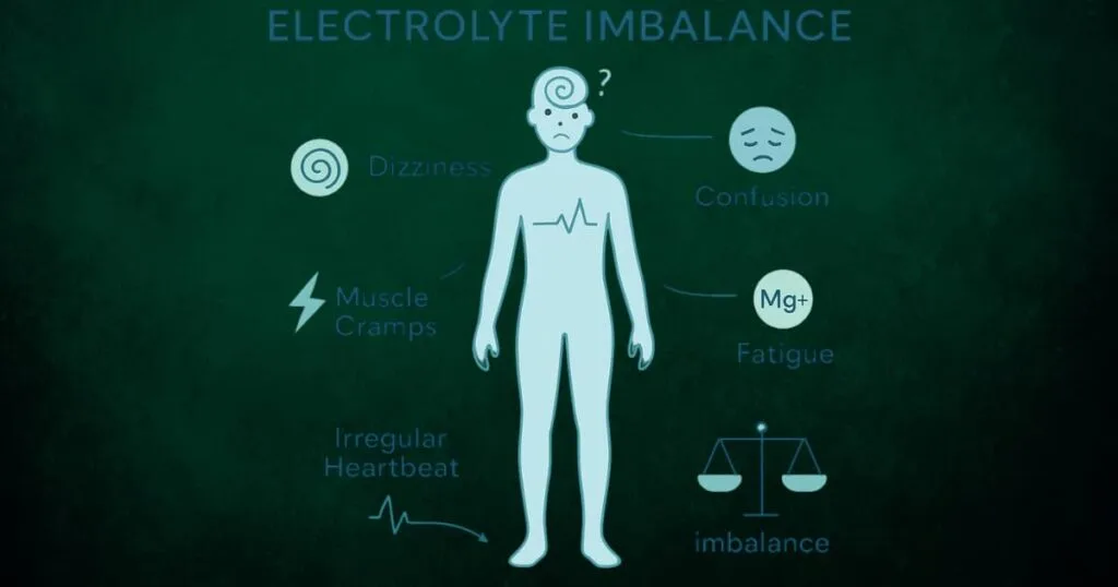 Infographic showing common like cramps, dizziness, and fatigue, with icons for sodium, potassium, and magnesium