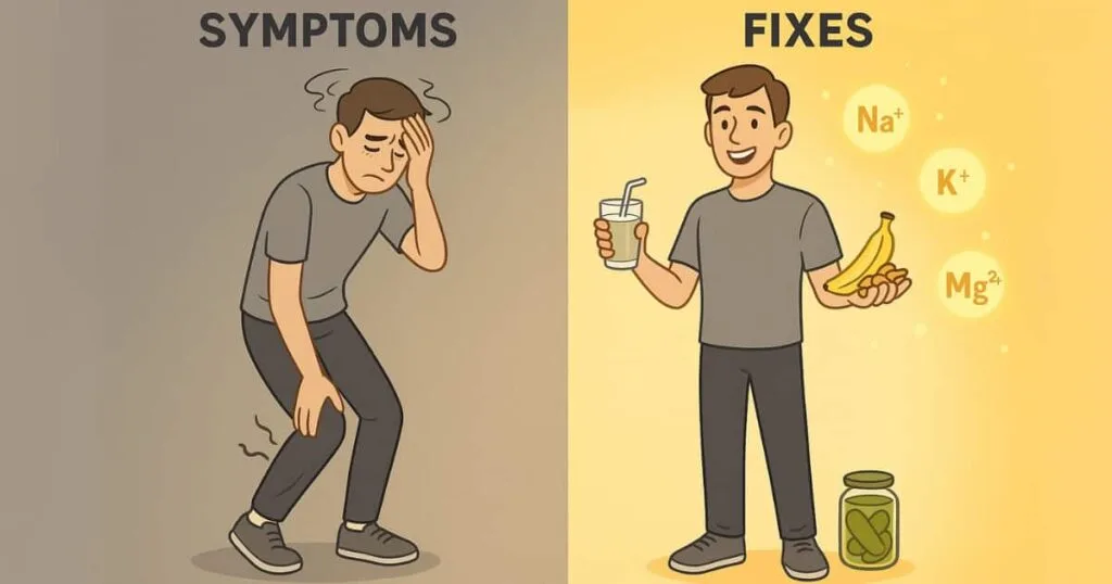 Illustration comparing electrolyte imbalance symptoms (fatigue, cramps, dizziness) with natural fixes like coconut water, nuts, and bananas to restore balance.