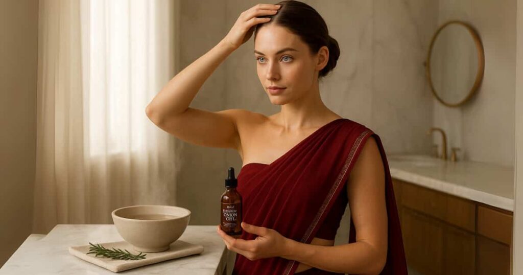 Young woman in red saree applying onion hair oil for stronger hair without strong smells – step-by-step haircare routine