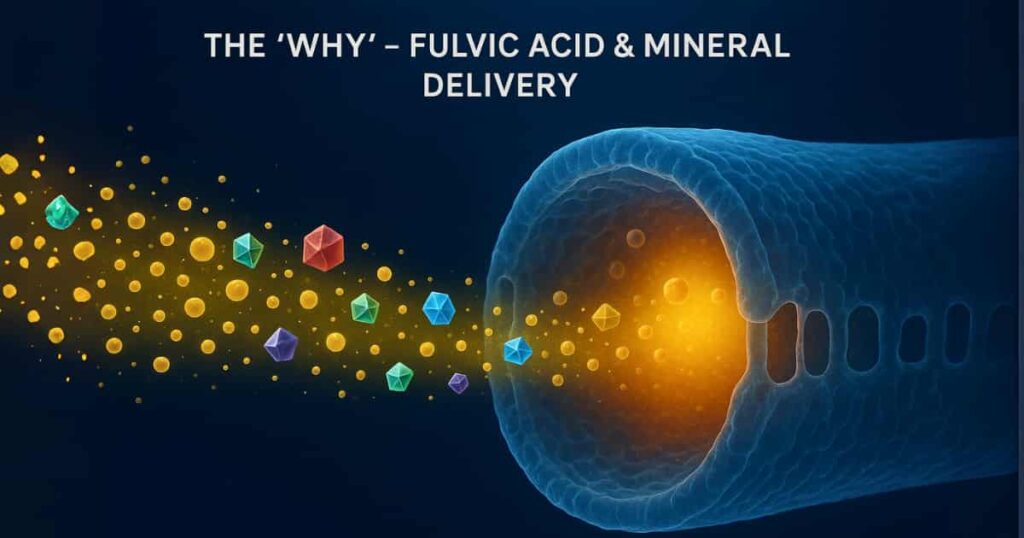 Scientific illustration showing how Shilajit's fulvic acid enhances mineral absorption and energy production at the cellular level.