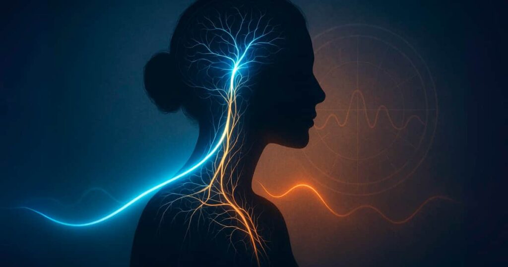 Artistic representation of a woman's profile with internal systems, showing the relationship between hormones, medication, and solve