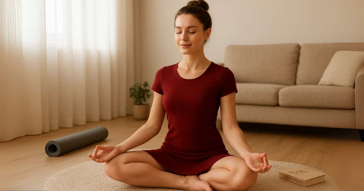A serene young woman practicing Kriya Yoga at home in a dark red dress, demonstrating meditation posture with calm confidence.