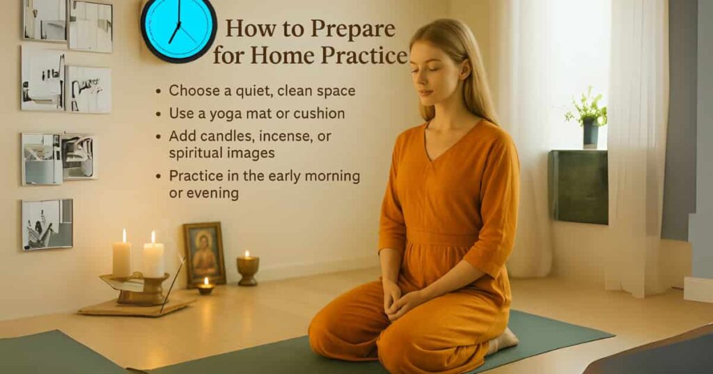 A young woman mindfully preparing for Kriya Yoga at home, wearing a dark red dress and setting up a serene space with a yoga mat and candles.