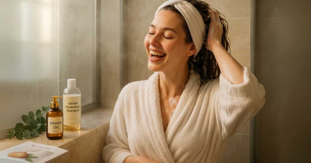 Woman washing out onion hair oil with mild shampoo to prevent odors and boost hair strength - proper haircare routine